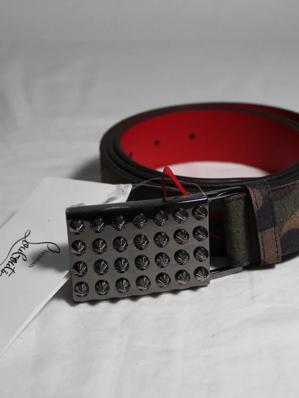 NEW Christian Louboutin Camo Crosta Leather Belt Spike Studded 105 42